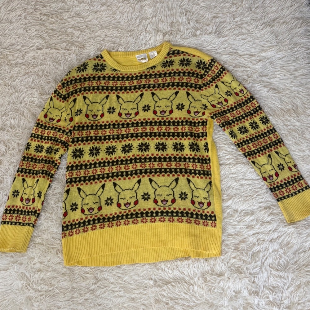 Vintage Pokemon Pikachu Yellow Ugly Christmas Sweater Crew Neck‎ Holiday Large L